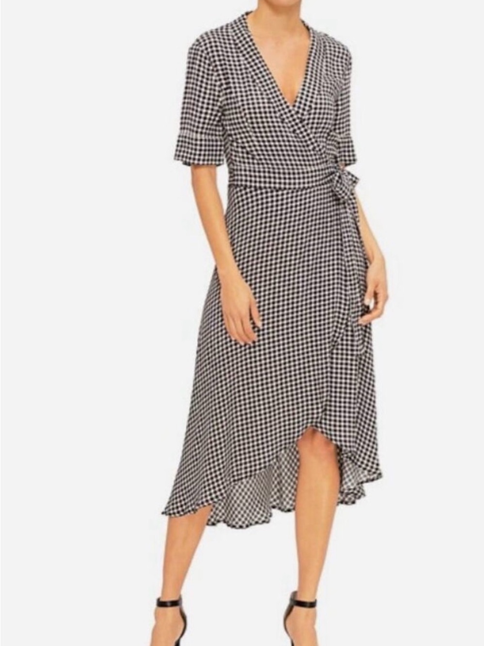 Ganni Black White Gingham Wrap Midi Dress Size 34 EU 2 US Check Print